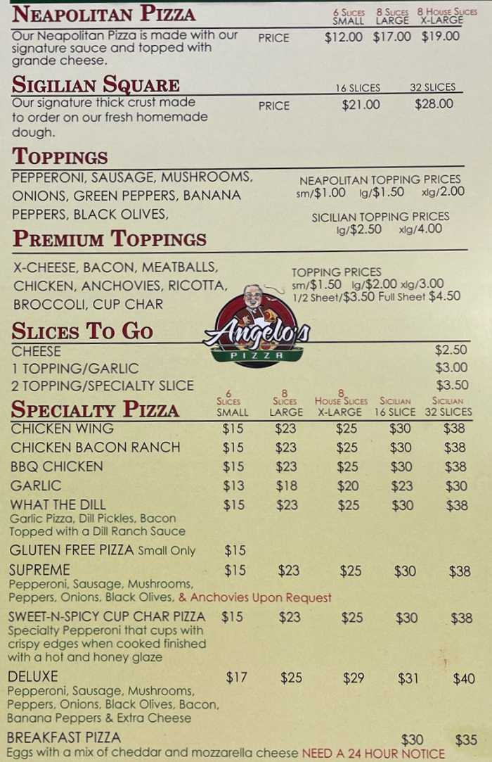 Page 1 of menu, Angelo's Pizza Auburn, NY