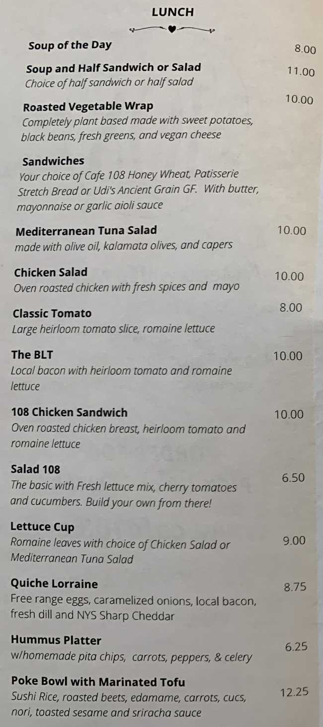 Page 1 of menu, Cafe 108 Auburn, NY