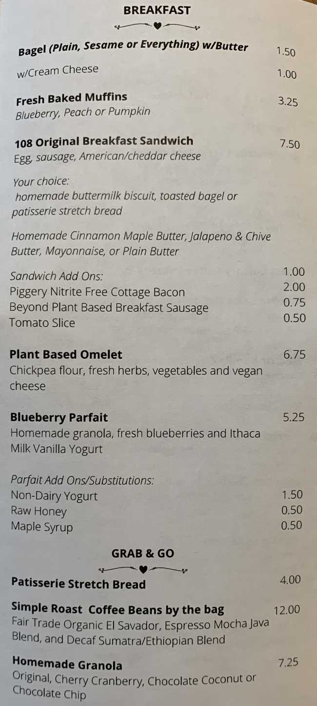 Page 2 of menu, Cafe 108 Auburn, NY