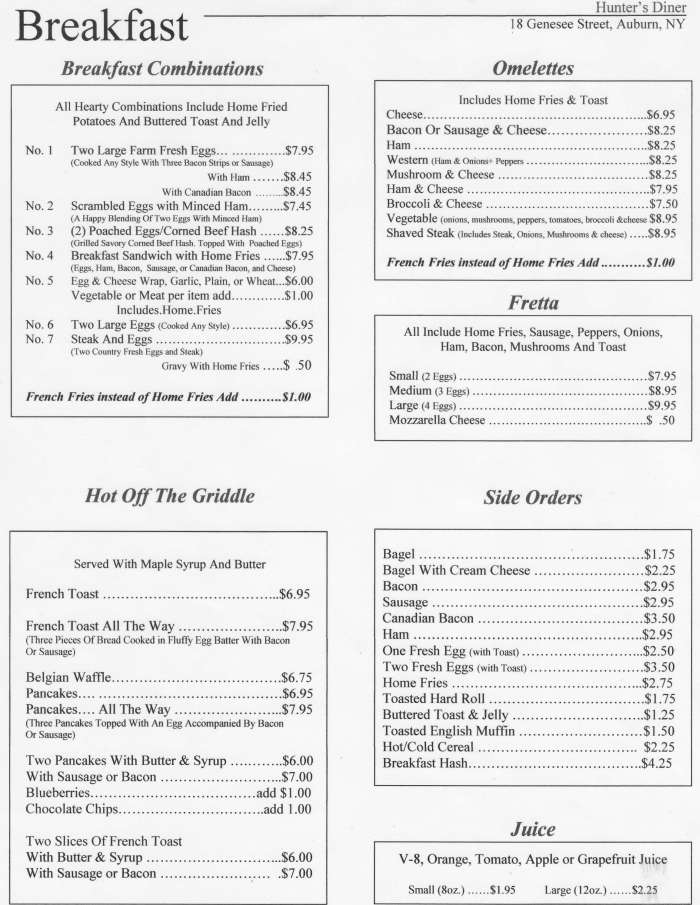 Page 1 of menu, Hunter's Dinerant Auburn, NY