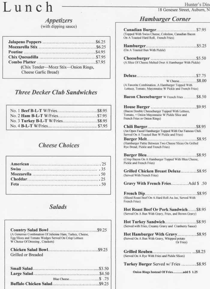 Page 2 of menu, Hunter's Dinerant Auburn, NY