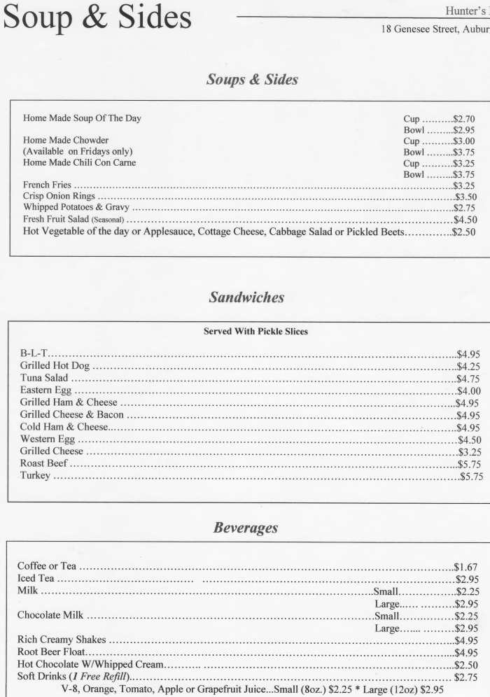 Page 3 of menu, Hunter's Dinerant Auburn, NY