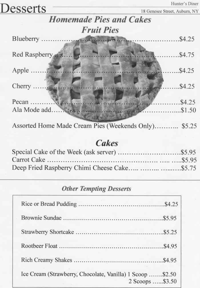 Page 5 of menu, Hunter's Dinerant Auburn, NY