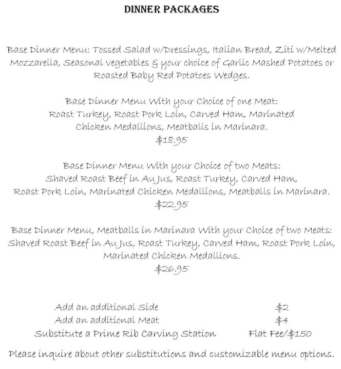 Dinner Packages, JB's Wall Street Catering Auburn, NY