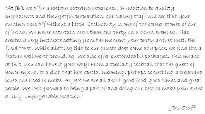 Page 1 of menu, JB's Wall Street Catering Auburn, NY