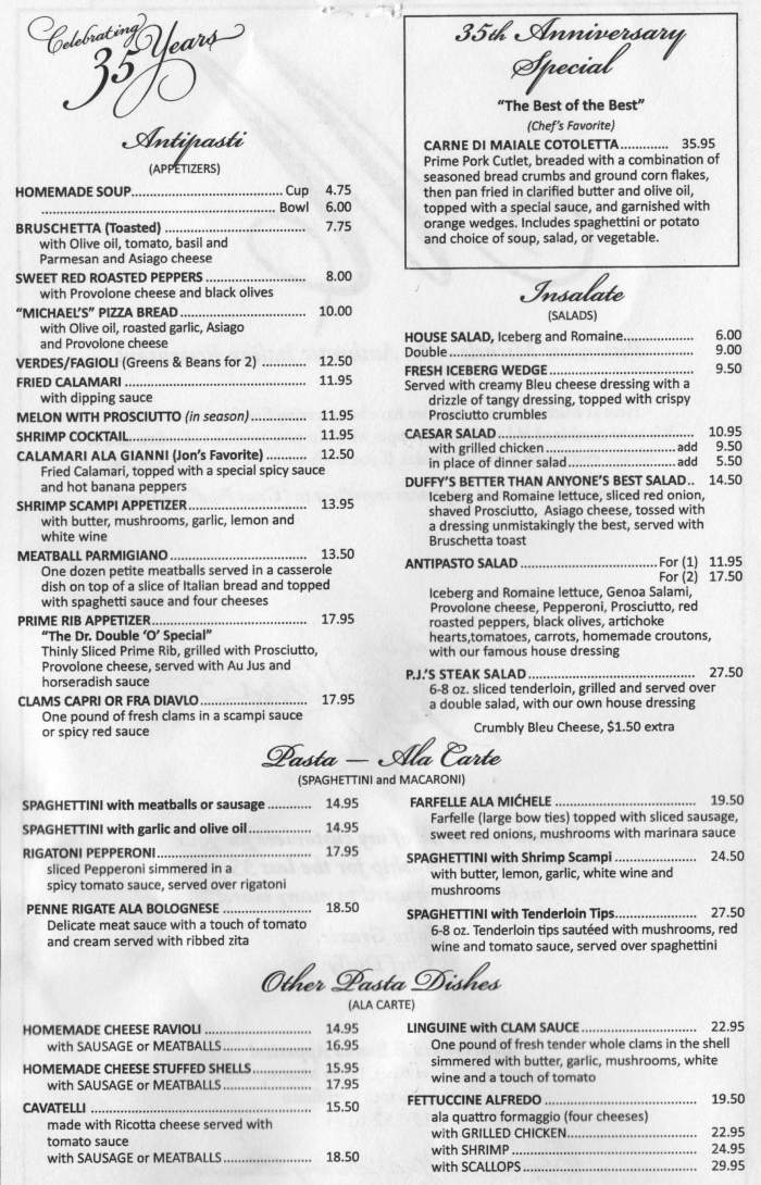 Page 1 of menu, Michael's Restaurant Auburn, NY