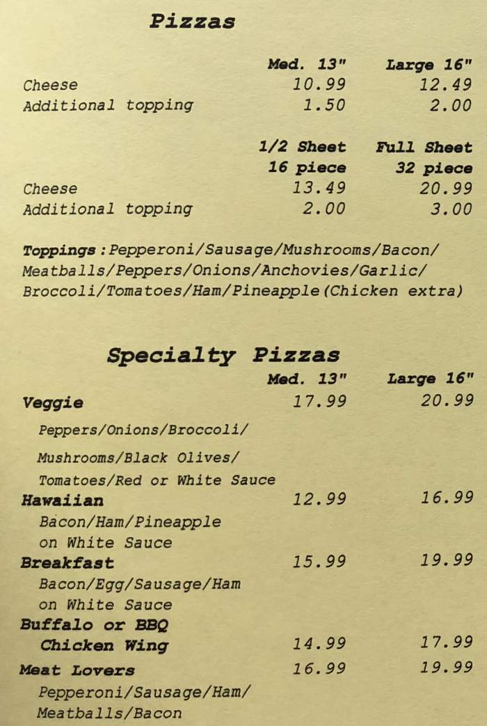 Page 1 of menu, Mr. Pizza in Auburn, NY