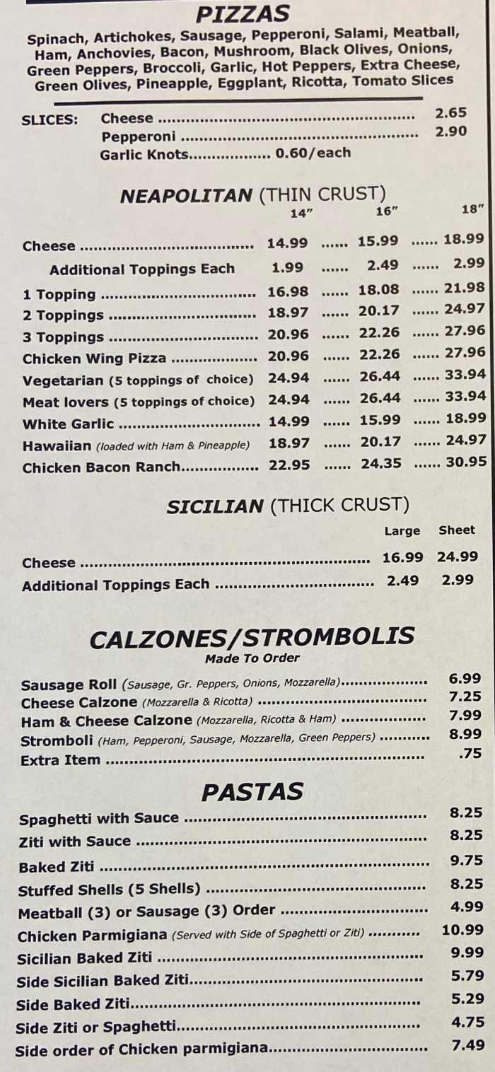 Page 1 of menu, Nino's Pizzeria in Auburn, NY