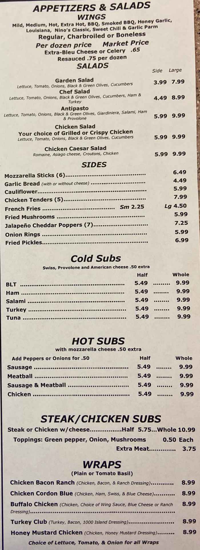 Page 2 of menu, Nino's Pizzeria in Auburn, NY